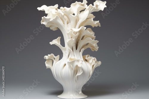 Unique white porcelain vase featuring an organic, flowing design against a smooth gray backdrop