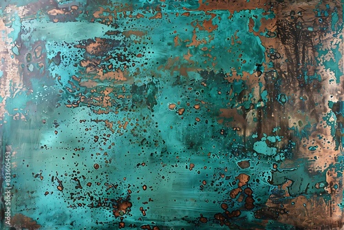 Grungy, oxidized copper surface with verdigris patina.