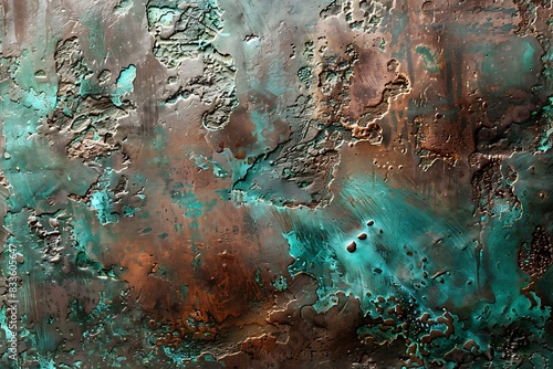 Grungy, oxidized copper surface with verdigris patina.