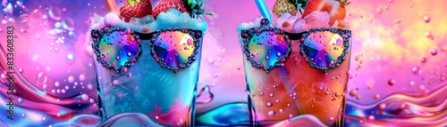 Two colorful drinks with rainbow sunglasses.