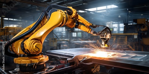 Yellow robotic arm welding metal part in industrial factory. Concept Industrial Manufacturing, Welding Technology, Robotic Arm, Metalworking, Factory Operations