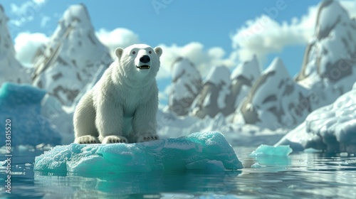 3D cartoon polar bear on a small piece of ice, looking worried with a melting glacier in the background, highlighting the effects of global warming.