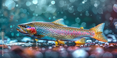 Vibrant trout swimming in sparkling water with vivid colors and detailed scales, showcasing the beauty of aquatic life in a dynamic and lively scene 