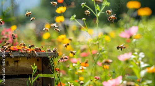 A bee farm in full bloom, with bees buzzing among colorful flowers and returning to their hives