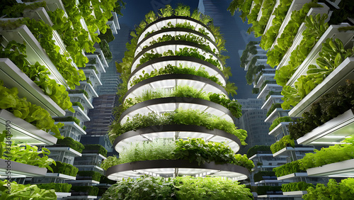 Vertical farm facility, showcasing rows of leafy greens and herbs growing vertically in stacked layers under artificial lighting, sustainable farming practices for urban agriculture food production