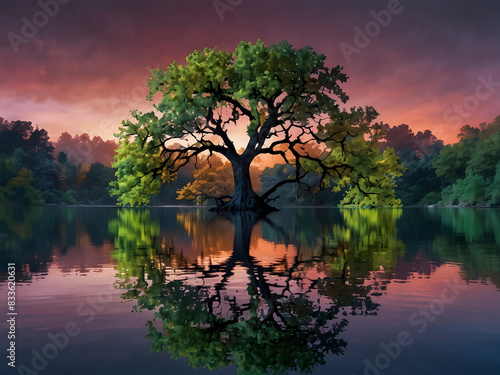 Abstract fractal art of a tree overhanging a lake Beautiful, vibrant colors and reflections are humanistic and bright beautiful color heart design