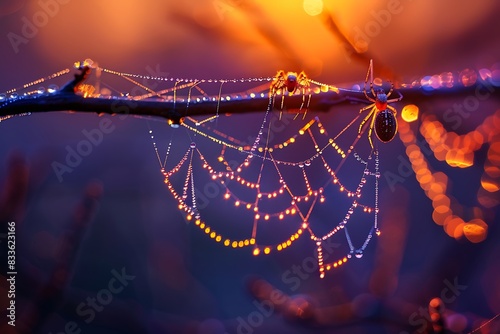 Macro shot of dew-covered spider silk at dawn