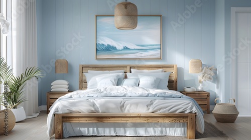 A coastalinspired bedroom with light blue and white decor, featuring an elegant wooden bed frame, soft pastel pillows on the mattress, and a large painting of waves hanging above it.