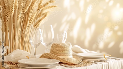 Abstract background with wheat sheaves, pilgrim hats, and festive table settings
