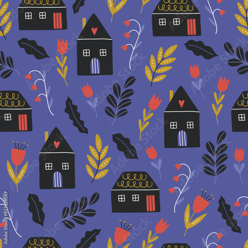 Folklore seamless pattern with houses, tulips, leaves, bellflower. Vector illustration