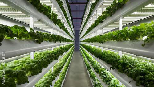 Vertical farm facility, showcasing rows of leafy greens and herbs growing vertically in stacked layers under artificial lighting, sustainable farming practices for urban agriculture food production