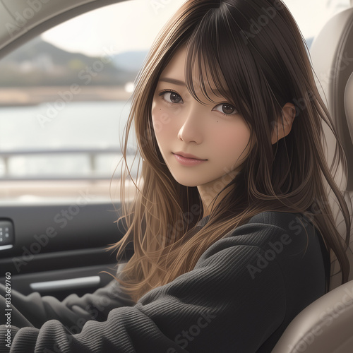 美女とドライブ中の車内風景のイラスト