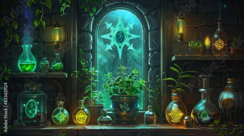 Mystical apothecary with various potions, plants, and glowing bottles set in a magical, enchanted room.