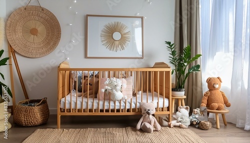 Stylish scandinavian newborn baby room with brown wooden mock up poster frame, toys, plush animal and child accessories