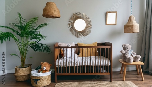 Stylish scandinavian newborn baby room with brown wooden mock up poster frame, toys, plush animal and child accessories