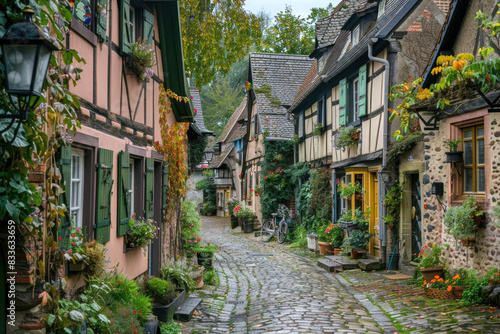 A quaint village street lined with charming houses and cobblestone paths