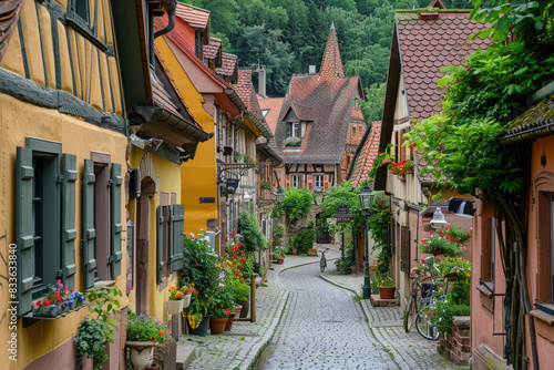 A quaint village street lined with charming houses and cobblestone paths