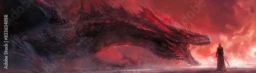 Sci-fi knight engaged in a brutal fight with a dragon, red sky looming ominously overhead, dramatic battle scene
