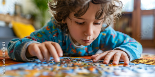 Young Child Concentrating on a Jigsaw Puzzle Indoors in Colorful Pajamas