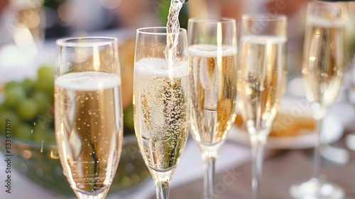 champagne being poured into glasses filled with sparkling wine, each glass brimming with pale yellow liquid adorned with bubbles.