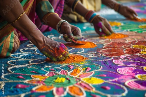 Artists skillfully crafting intricate rangoli designs using an array of colorful powders during a lively cultural festival.