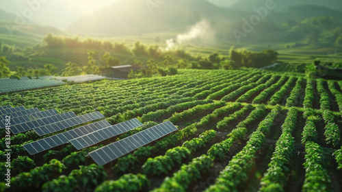 Realistic 4K top view of solar cells installed on a green farm, showcasing the integration of renewable energy within agricultural land