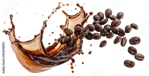 Roasted coffee beans splashing in delicious coffee, cut out