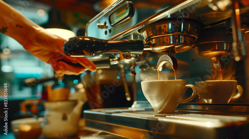 Coffee machine with a coffee cup, the barista's hand pours drink into a cup