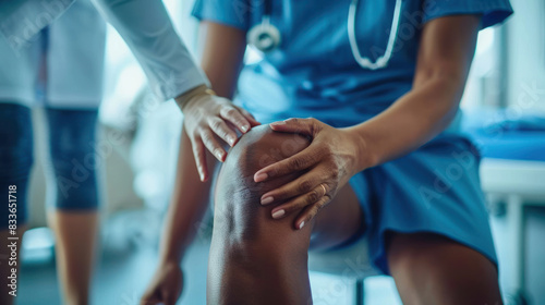 A physiotherapist carefully palpates a patient's knee, showcasing hands-on assessment skills and personalized care in the realm of physical therapy.
