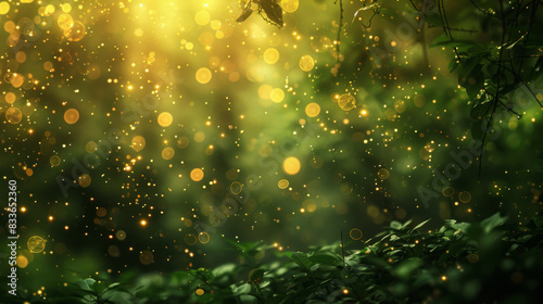 Abstract depiction of a lush forest bathed in soft, golden light, with bokeh effects adding a magical touch to the natural scene
