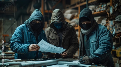 Masked Robbers Planning a Heist in Dimly Lit Warehouse