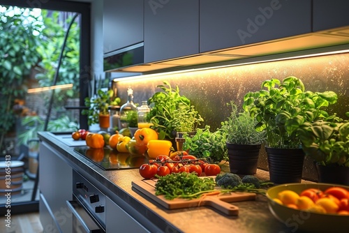 This kitchen showcases a built-in herb garden under LED lights, surrounded by fresh vegetables and fruits on the countertop