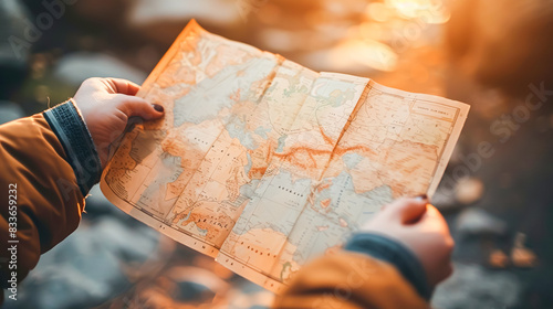 Close-up of a person's hand holding a paper map while planning a journey or adventure