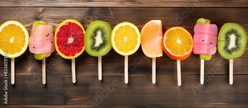 Colorful fruit ice cream popsicle Juicy gelato lollypops on sticks with different fresh tropic fruits wooden background copy space