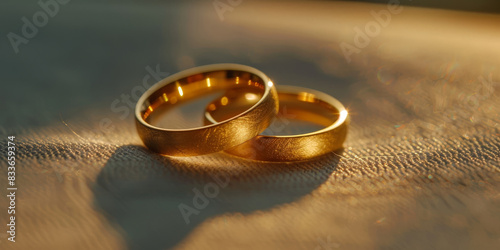 Two gold wedding rings are positioned together, Pair of golden wedding rings in soft, warm light, symbolizing love and commitment, with elegant reflections and a serene atmosphere