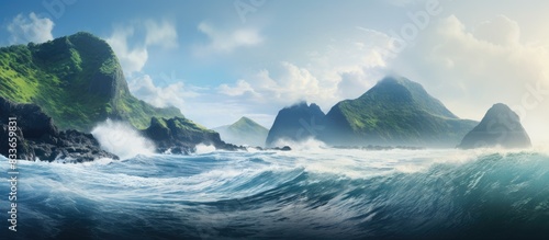 Cliff and waves of the sea. Creative banner. Copyspace image