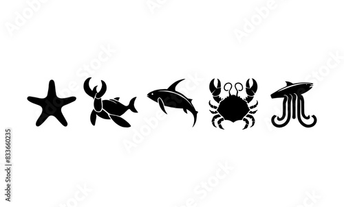 sea animal detailed silhouettes set in black and white