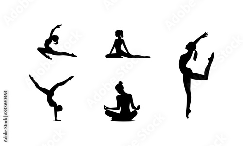 gymnastic characters (girls) detailed silhouettes in black and white