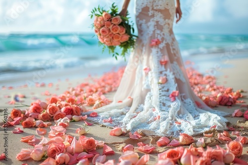 A bride in a long lace dress holds a bouquet on a beach strewn with rose petals