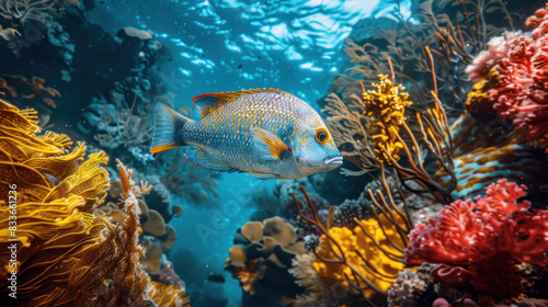 Beautiful underwater shot of a sea bream swimming near coral formations, providing a glimpse into the vibrant and diverse marine life.