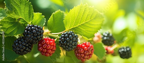 Red and black wild blackberries bushes and branches on green leaves in the garden during a sunny summer day Close up view of a bunch of blackberry This red fruit is known for its antioxidant power