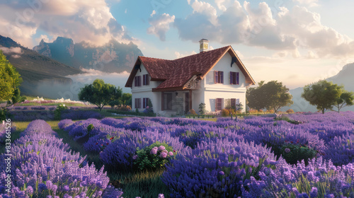 Beautifully designed 3D render of a house framed by blooming lavender fields, emphasizing the peaceful and picturesque nature of the countryside.
