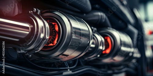 Detailed closeup shots of car exhaust systems highlighting mechanical complexity. Concept Car Exhaust Systems, Detailed Closeups, Mechanical Complexity, Automotive Photography, Engineering Aesthetics