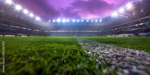 Football stadium with bright lights green grass and competitive atmosphere. Concept Football, Stadium, Bright Lights, Green Grass, Competitive Atmosphere