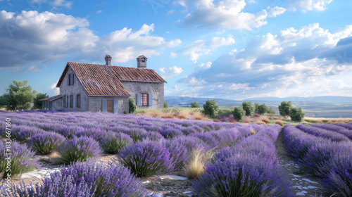 Detailed 3D rendering of a countryside house on a lavender farm, capturing the essence of rustic charm with endless rows of lavender under a blue sky.