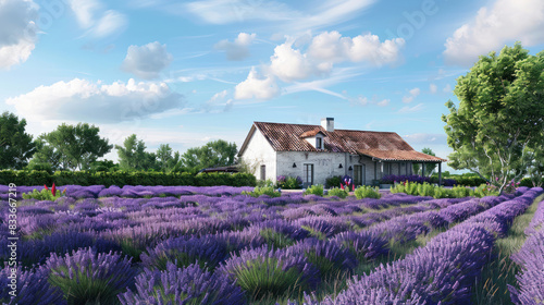 Detailed 3D rendering of a countryside house on a lavender farm, capturing the essence of rustic charm with endless rows of lavender under a blue sky.