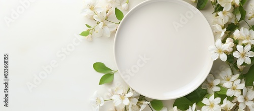 A composition featuring a plate and lovely jasmine flowers on a light background with copy space image