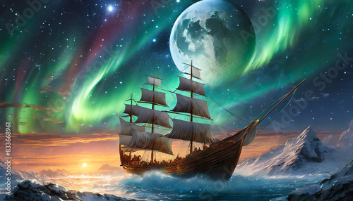 Fantastic landscape, sailboat in the frozen sea with Mountains under night sky with northern lights and moon.
