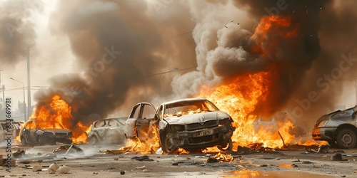 City car explosion creates chaos with burning vehicles and smoke endangering lives. Concept Emergency response, Explosion aftermath, Public safety, Urban disasters, Disaster preparedness
