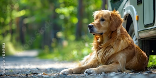 Golden retriever waits by camper for outdoor adventure basking in sun. Concept Pets, Outdoor adventures, Golden retriever, Camping, Sun basking